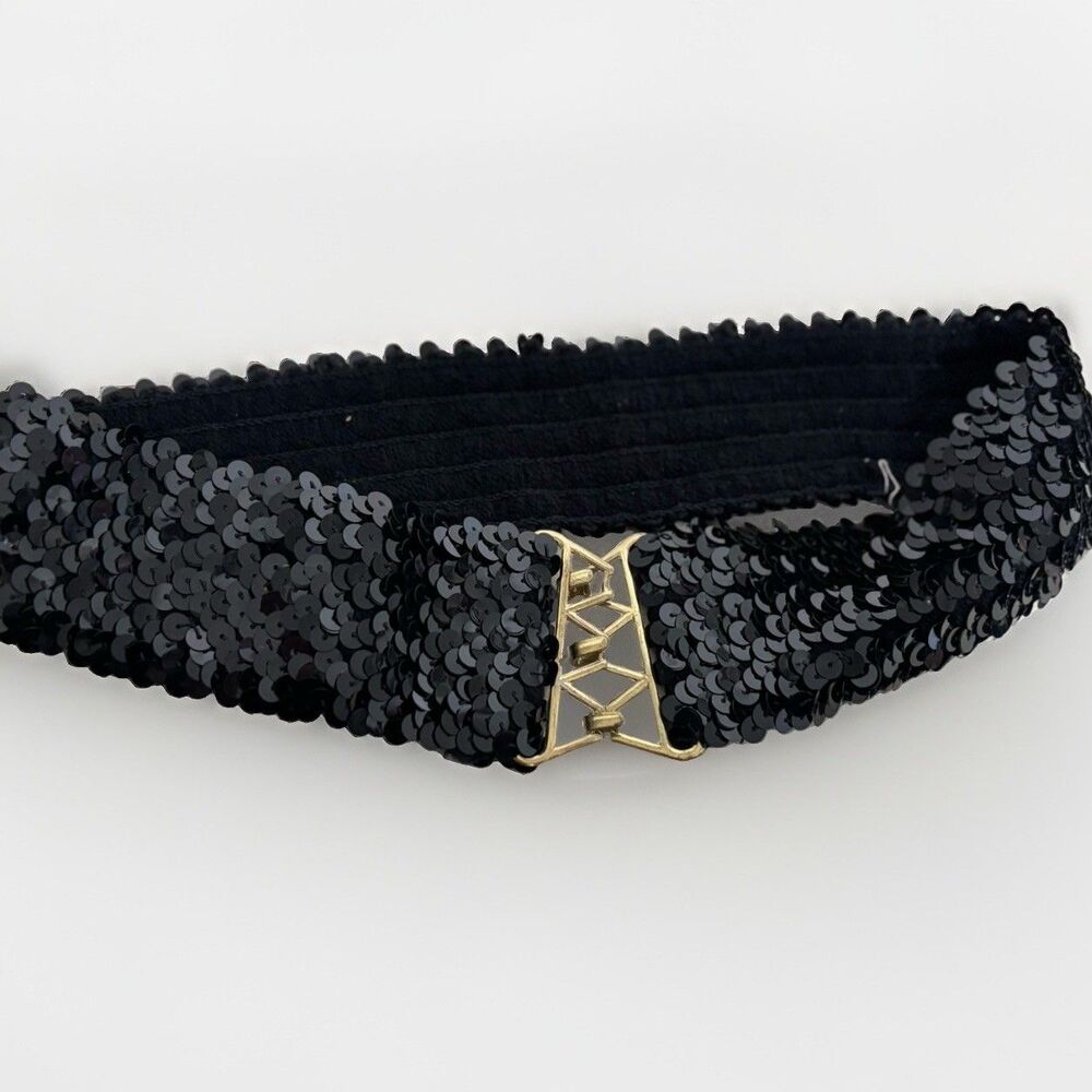Women’s Black Sequin Elastic Wide Waist Belt, Gold Tone Buckle